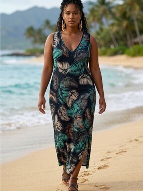 SJS V-Neck Maxi Dress in Black, Teal and Tan Leaf Print